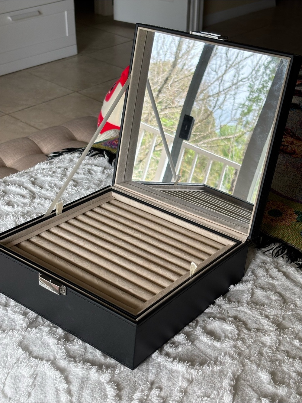 Leather Jewelry Box with Built-In Mirror - Black and Beige